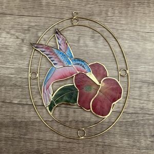 Vintage Capiz Shell Hummingbird Suncatcher Colorful Floral Window Decor